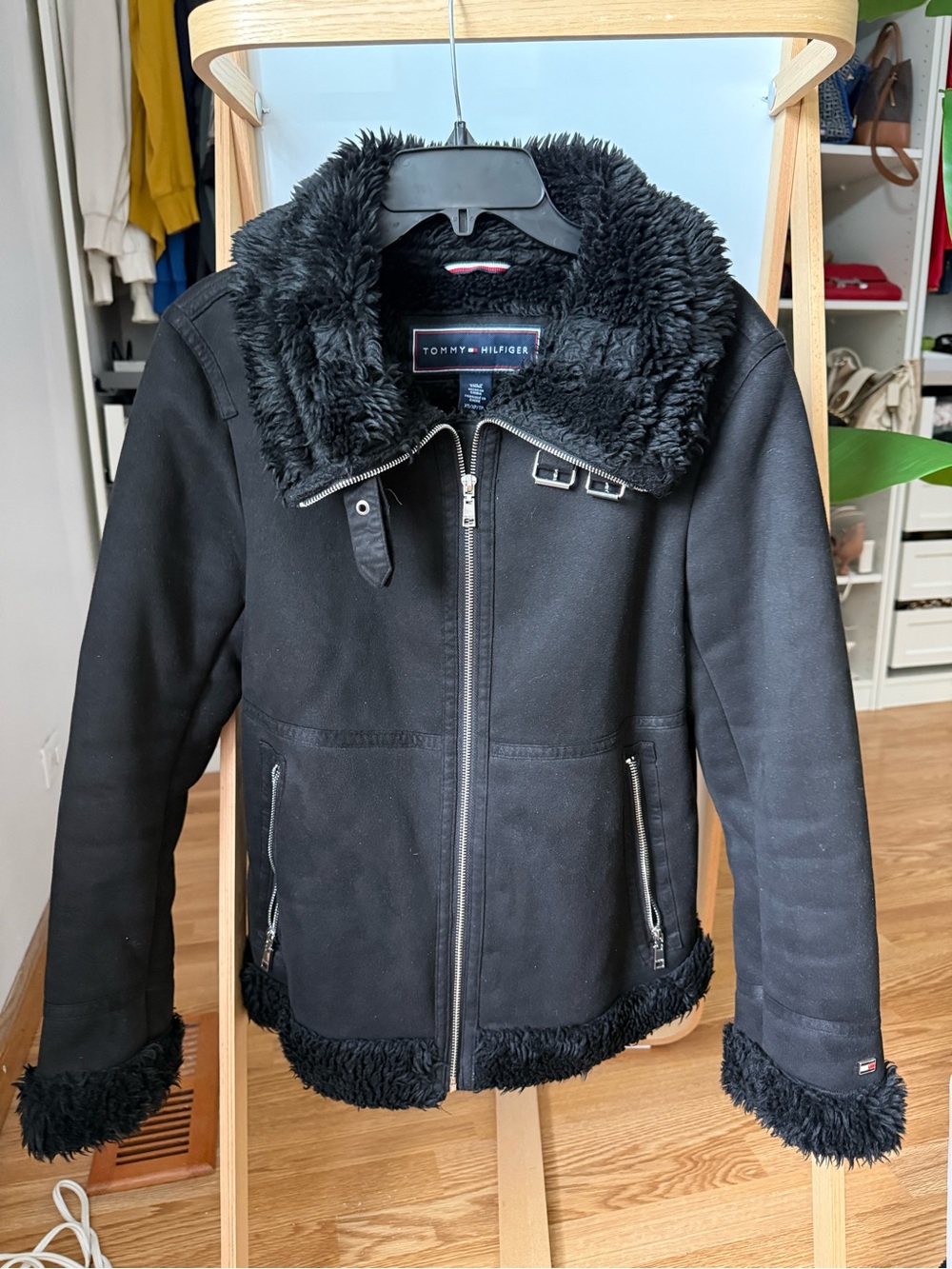 Tommy Hilfiger Black Faux-Shearling Trim Aviator Jacket